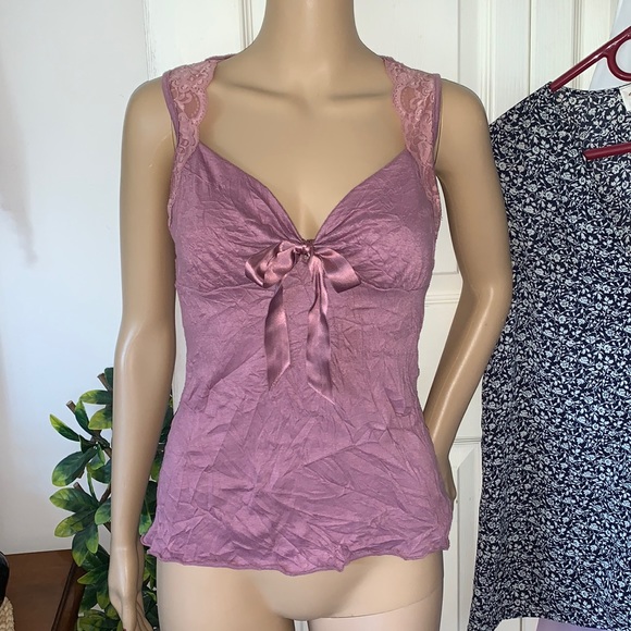 Dusty rose pink Lacey satin bow empire sleeveless tank top S M - Picture 3 of 12
